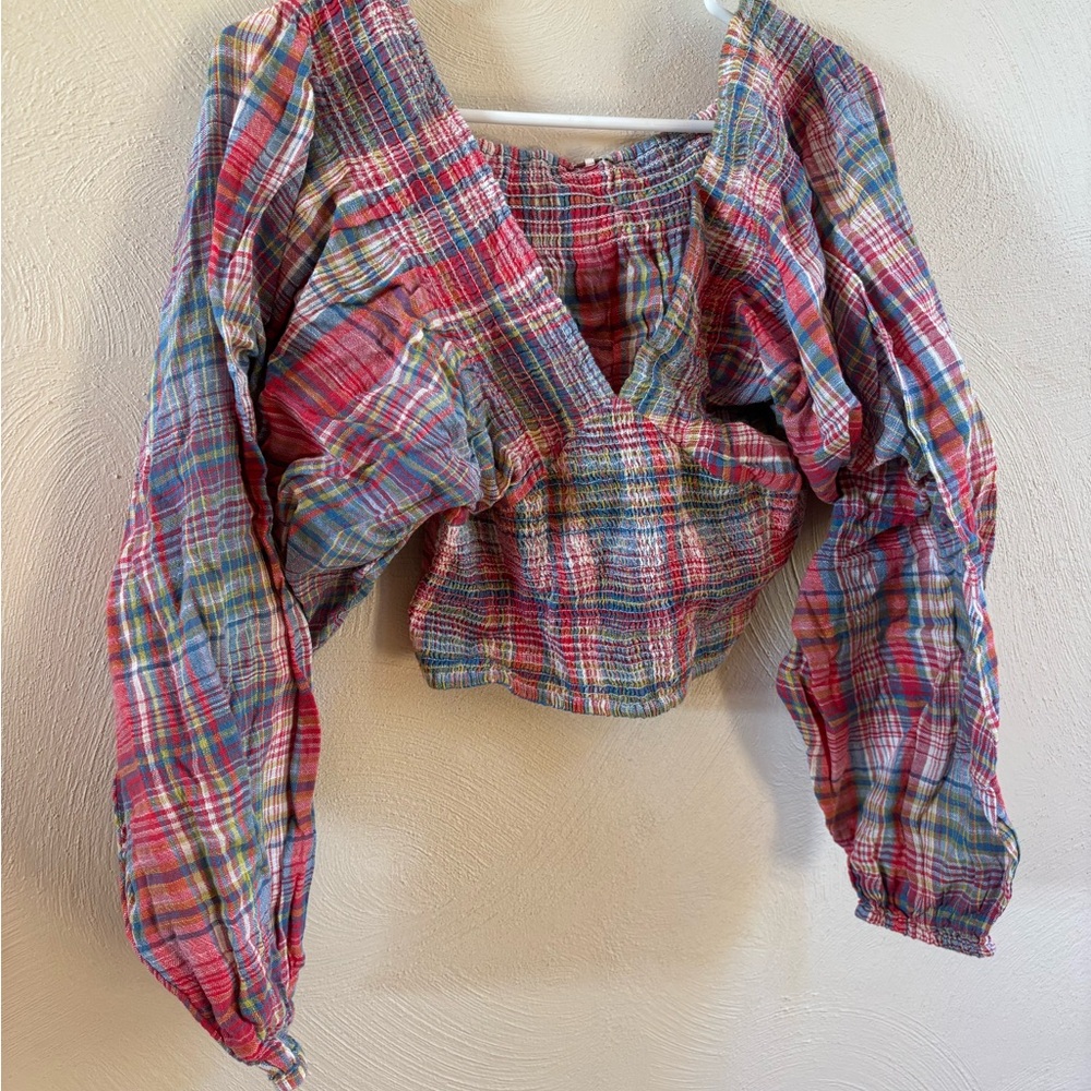 Free People New With Tags Colorful Plaid Long Sleeve Top